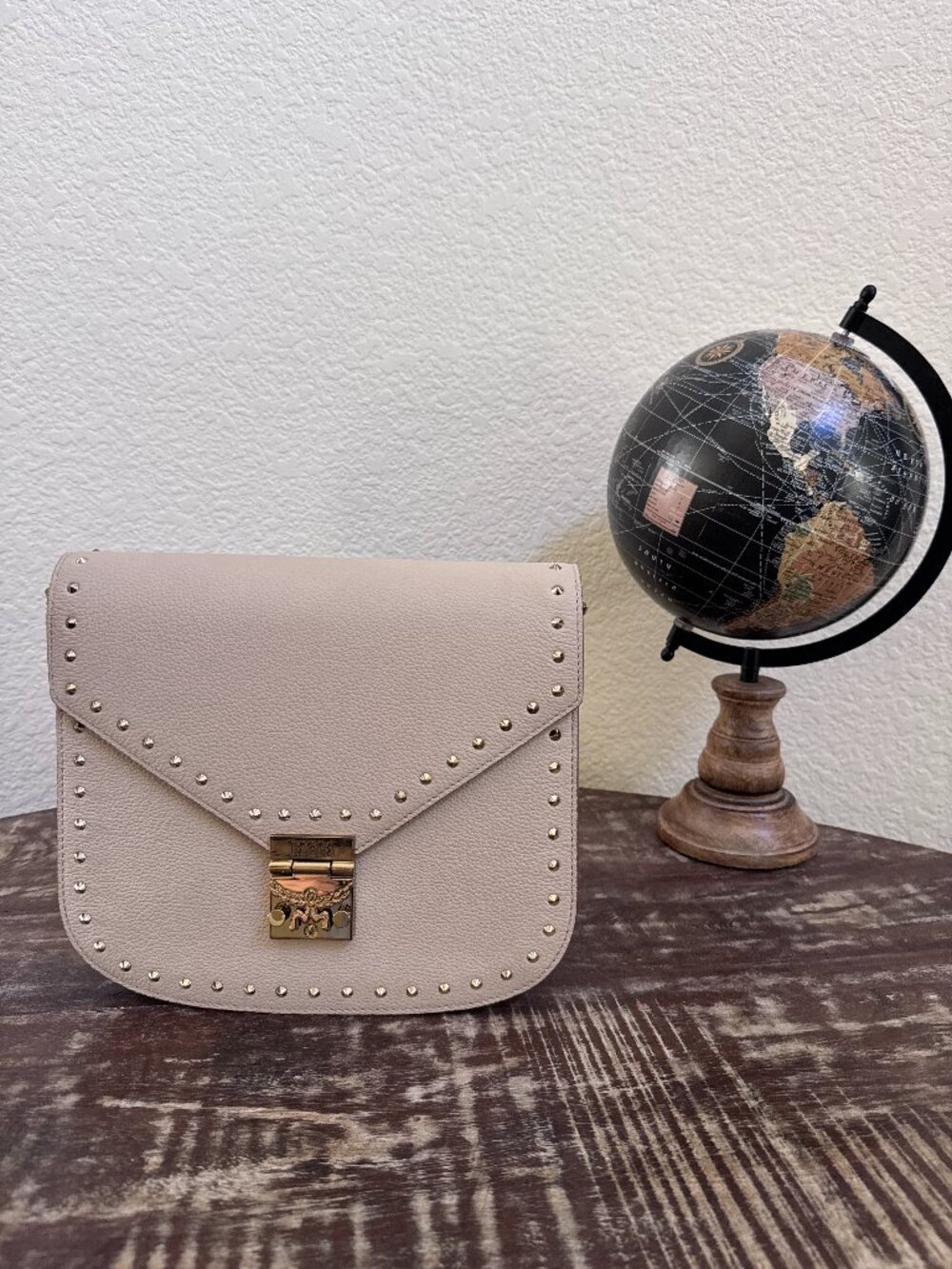 MCM Patricia Beige Studded Leather Shoulder Bag + COA